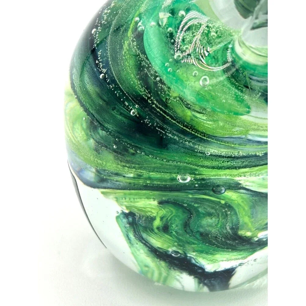 Kerry Glass Art Blown Glass Paperweight Owl‎ Green Swirl Hand Made in Ireland